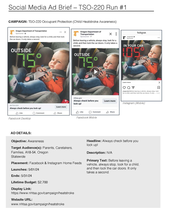 Occupant Protection Child Heatstroke Awareness Social Media Ads 2024